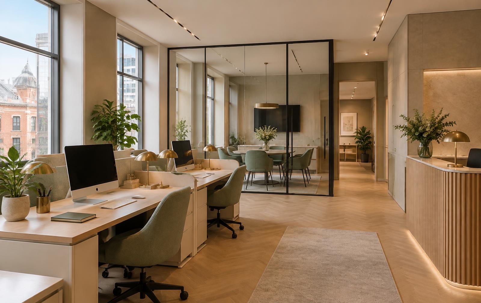 A clean commercial office with workstations, reception and a meeting room